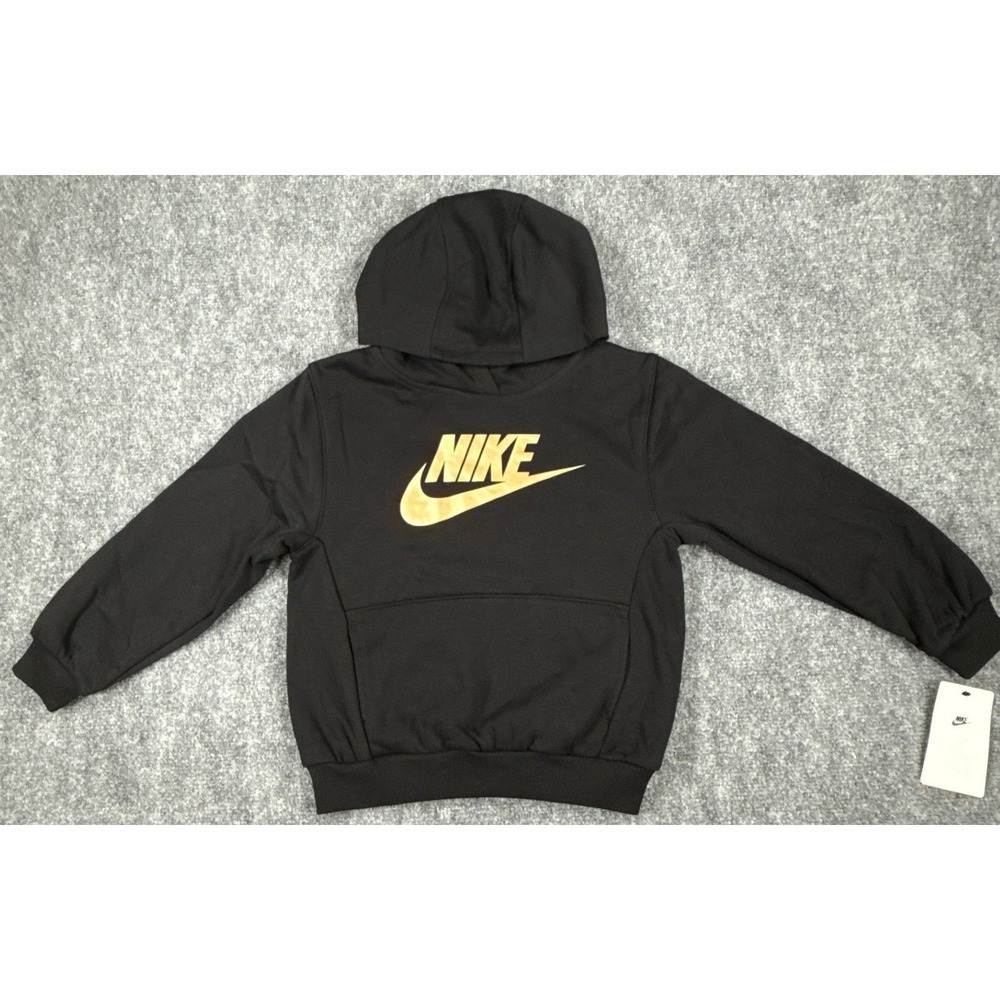 Nike Kids Size 6-7Yrs Large Black Metallic Gold Futura Logo Pullover Hoodie NWT